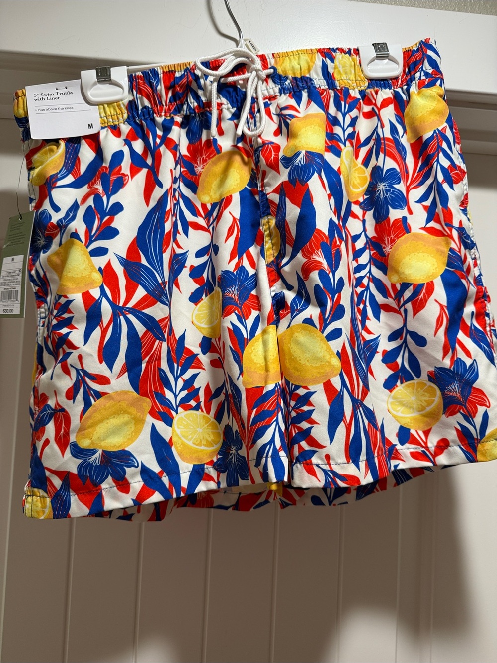 Goodfellow & Co Lemon Print Drawstring Swim Trunks - Yellow/Blue/Red
